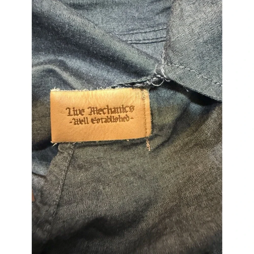 Live Mechanics Men’s XL Gray Chambray Cotton Button-Up Shirt Embroidered Patches
